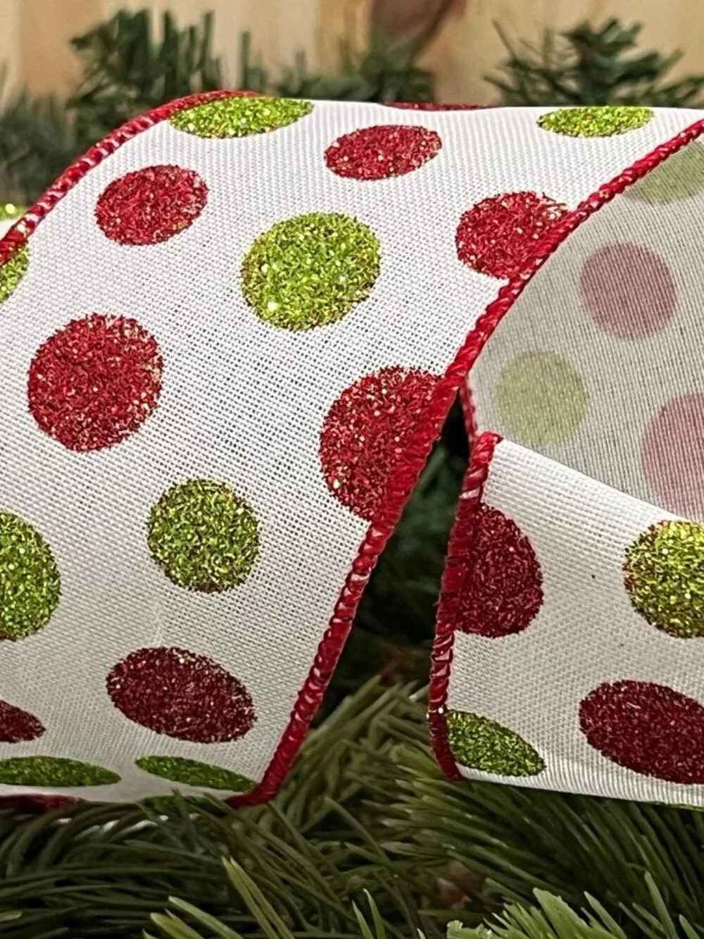2.5 inch Green and Red Glittered Polka Dots Wired Christmas Ribbon Crafts